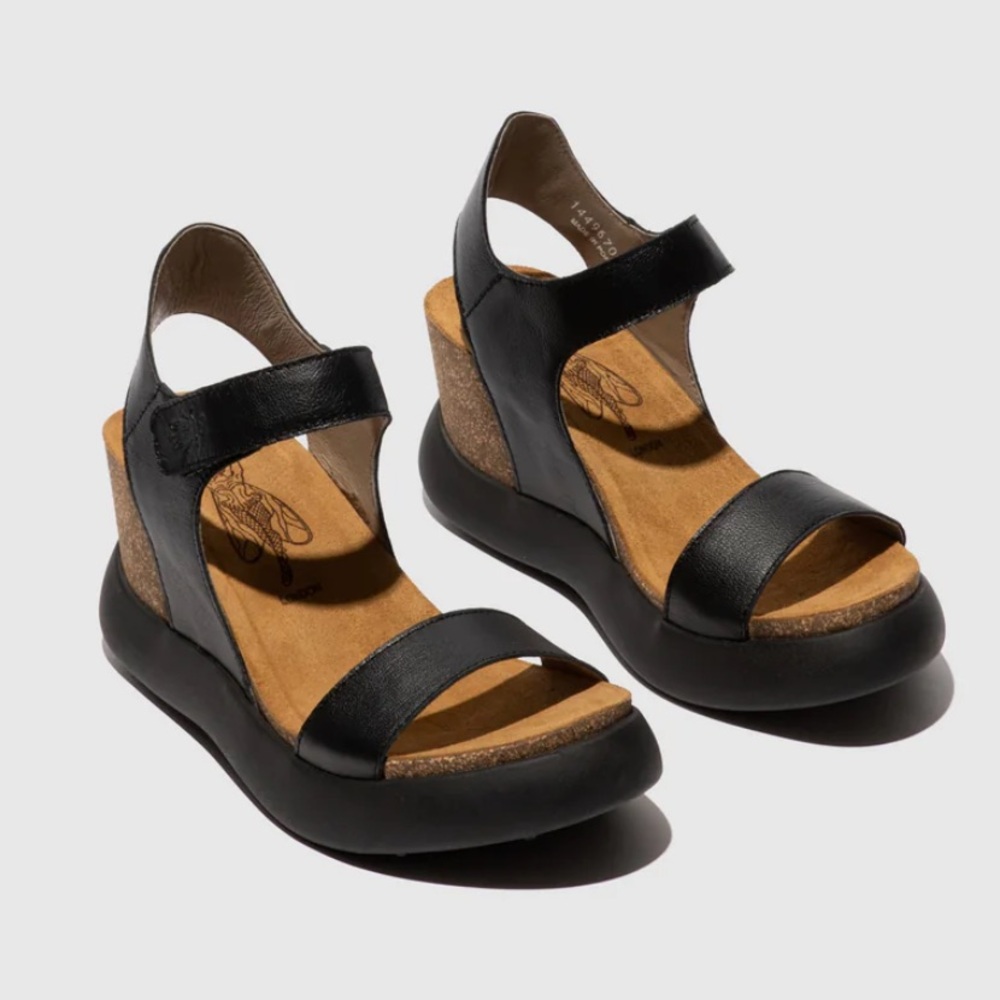 Fly London Black Leather Cork Wedge Sandals
